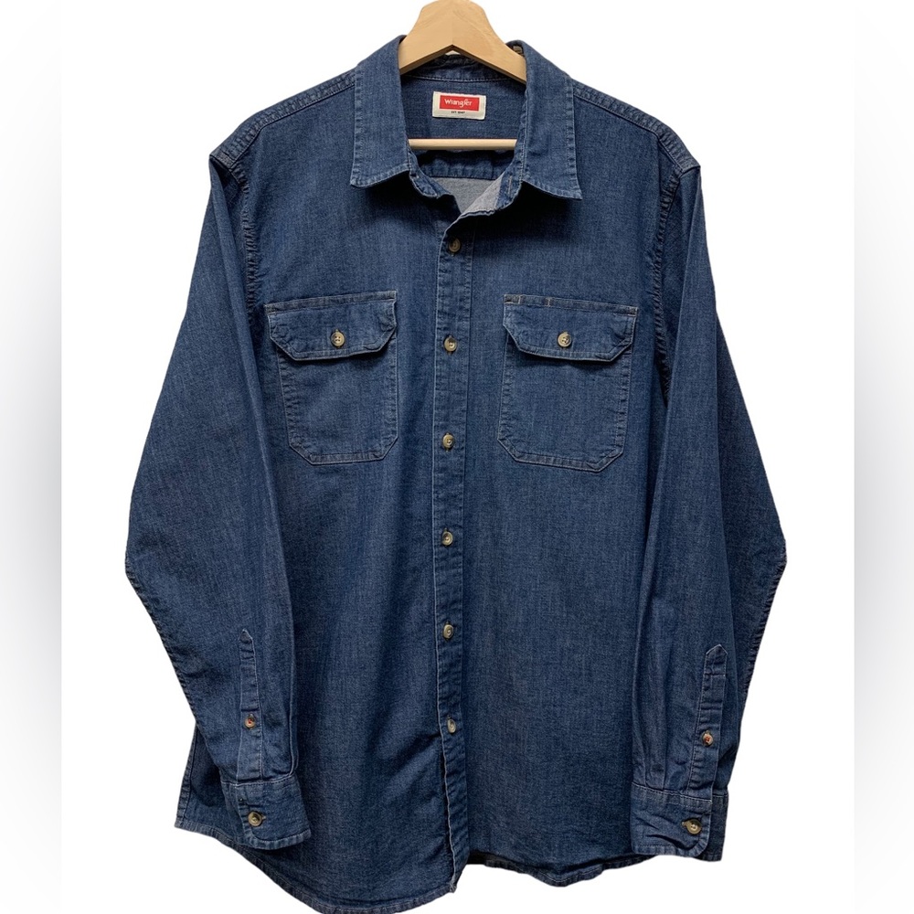 Wrangler Western Blue denim long sleeve button down shirt, cotton, men's large